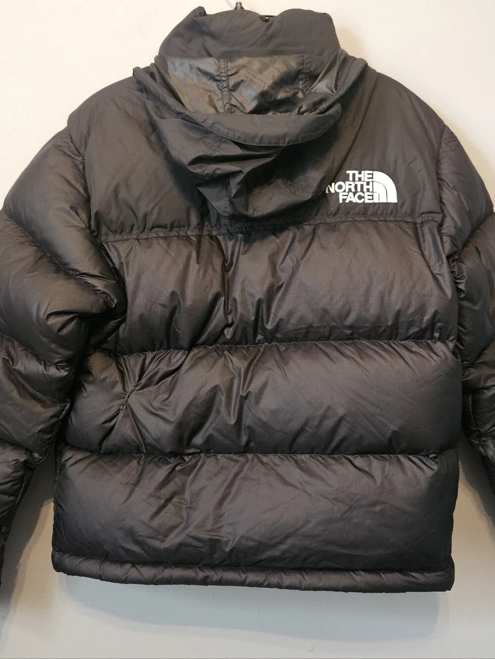 North Face nuptse 700 Down puffer Coat Jacket W Hood black Small S Has REPAIR